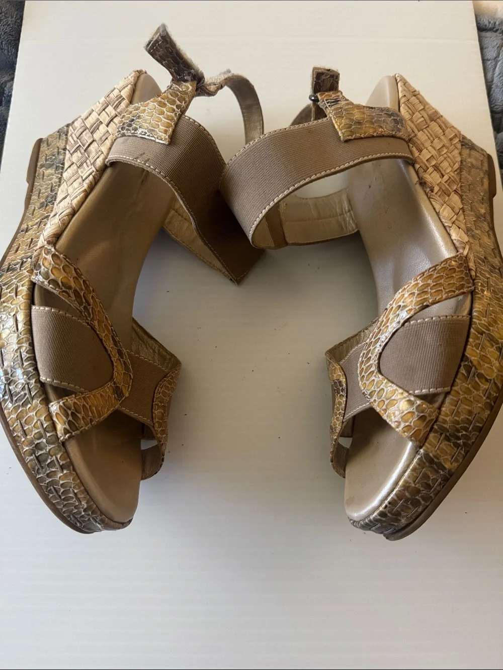Aquatalia Neutral Tan Snake-Accent Wedge Sandals